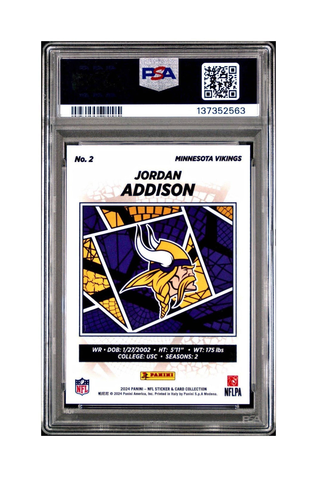 Jordan Addison 2024 Panini Sticker Collection 274/299 #2 Red Foil PSA 9 Mint