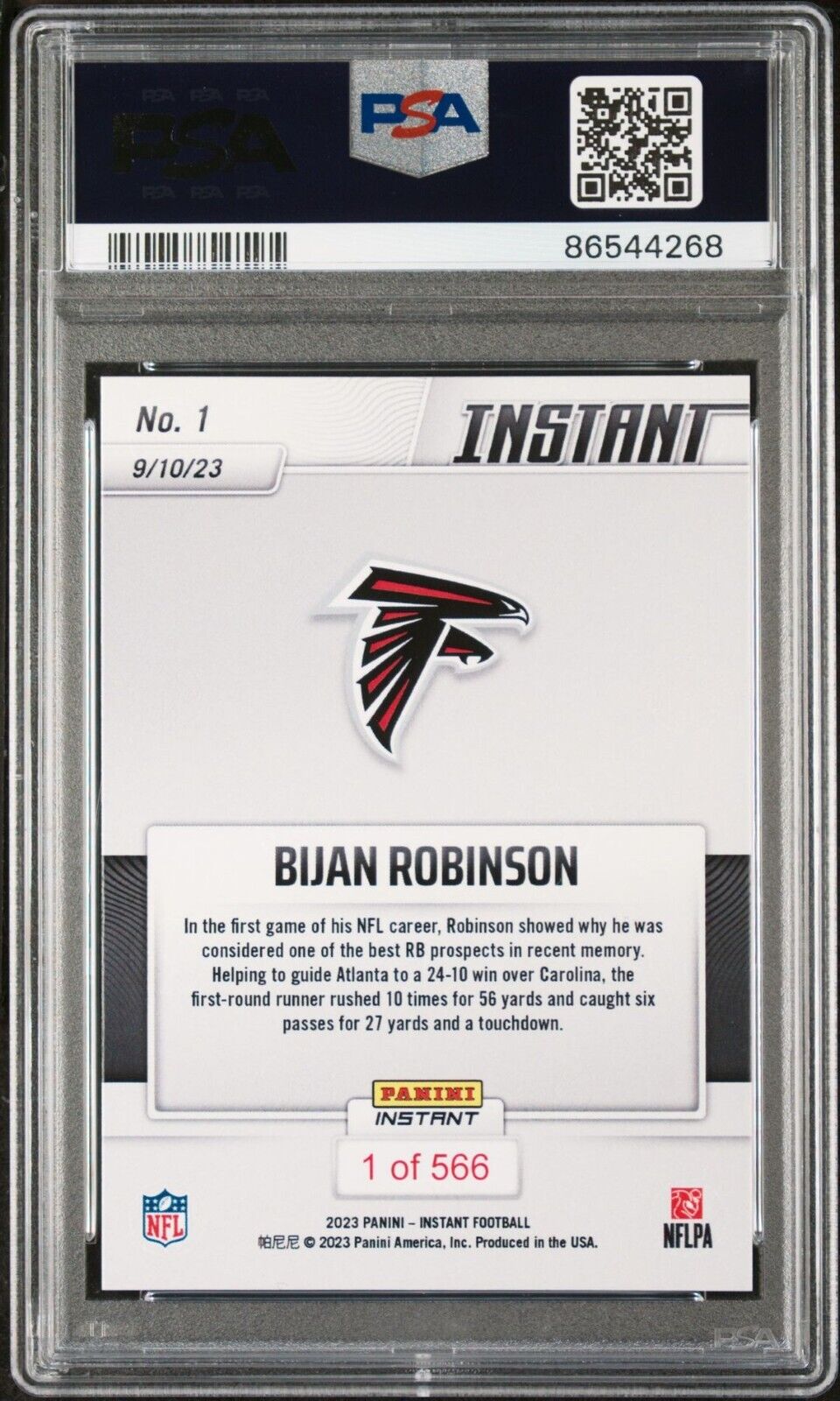 Bijan Robinson 2023 Panini NFL Rookie #1 Card 1 of 566 Falcons PSA 9 Mint