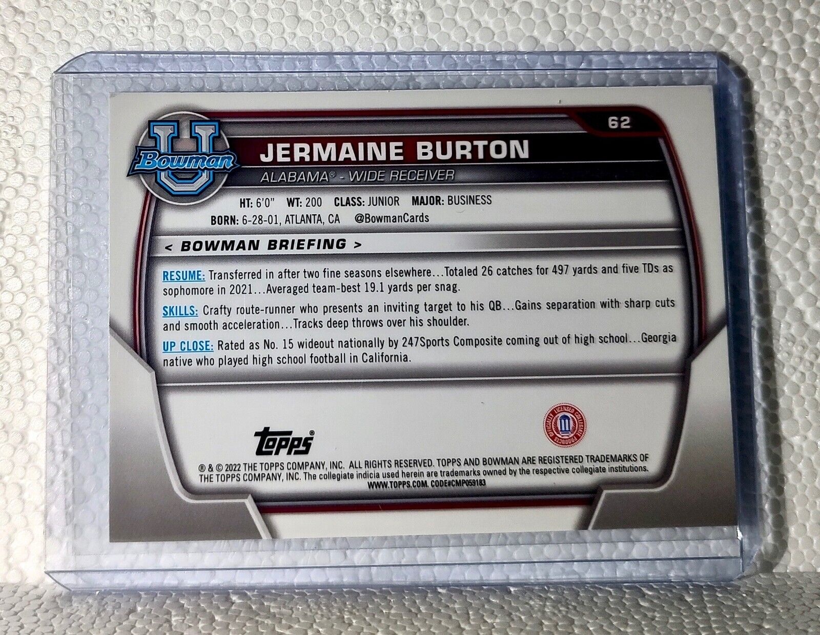 Jermaine Burton 2022 Topps 1st Bowman U Football #62 Card Alabama