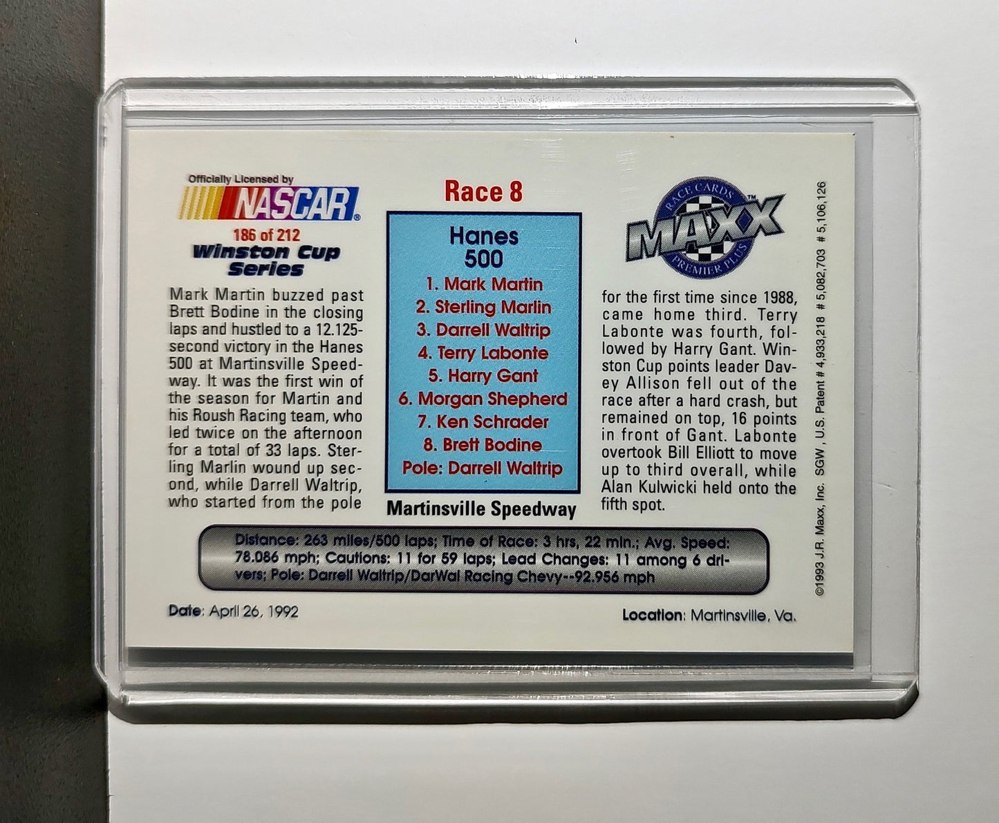 Race 8 Martinsville YR 1993 Maxx Premier Plus Racing #186 NASCAR Roush Racing