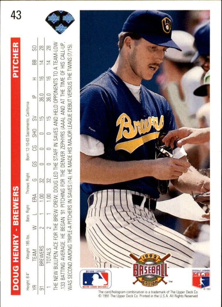 Doug Henry 1992 Upper Deck MLB #43 Rookie Baseball Card Milwaukee Brewers