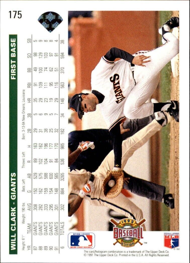 Will Clark 1992 Upper Deck MLB #175 Baseball Card San Francisco Giants