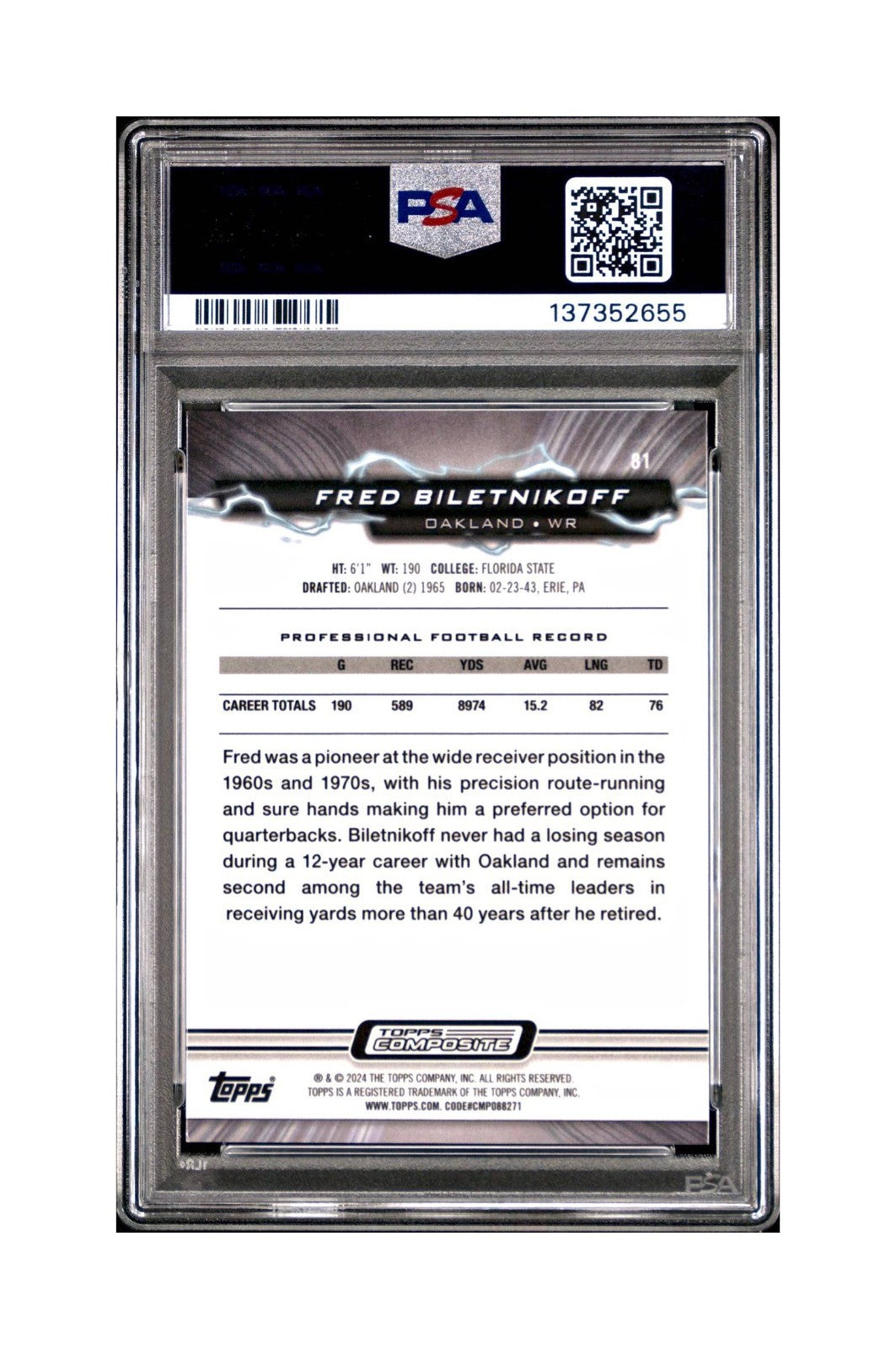 Fred Bilentnikoff 2023 Topps Resurgence 08/20 Lime Green Power Surge #81 PSA 10