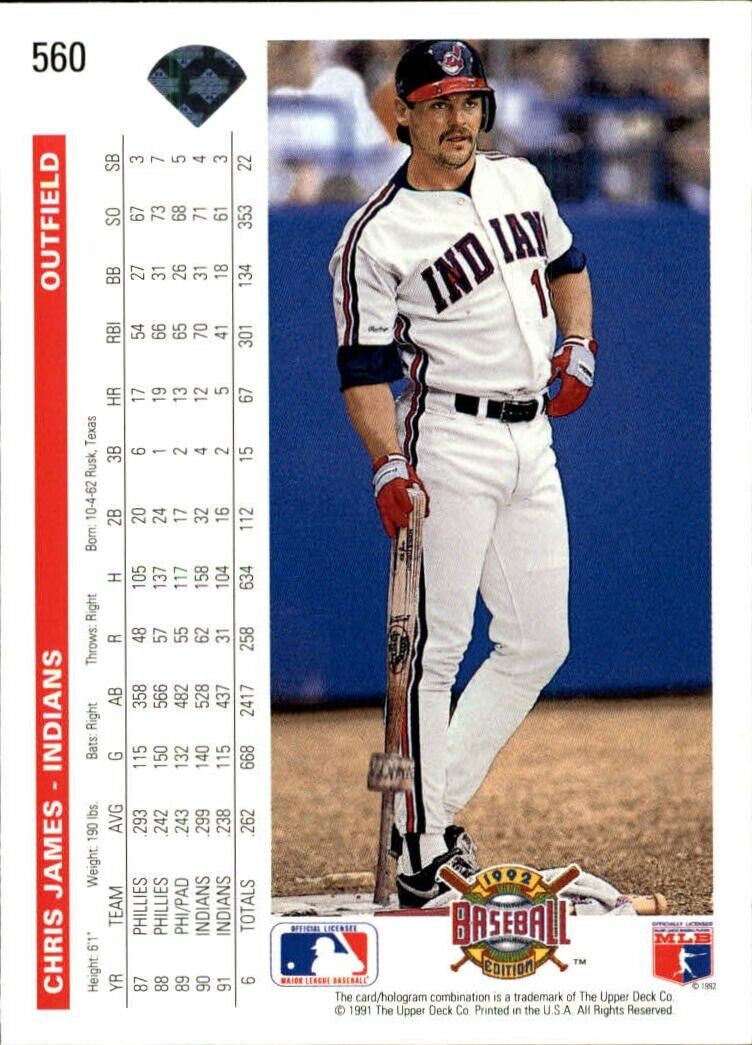 Chris James 1992 Upper Deck MLB #560 Baseball Card Cleveland Indians