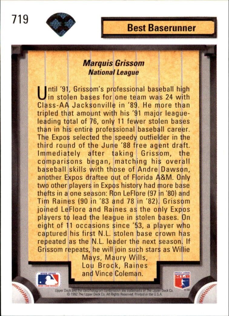 Marquis Grissom 1992 Upper Deck MLB #719 Diamond Skills Baseball Card Expos