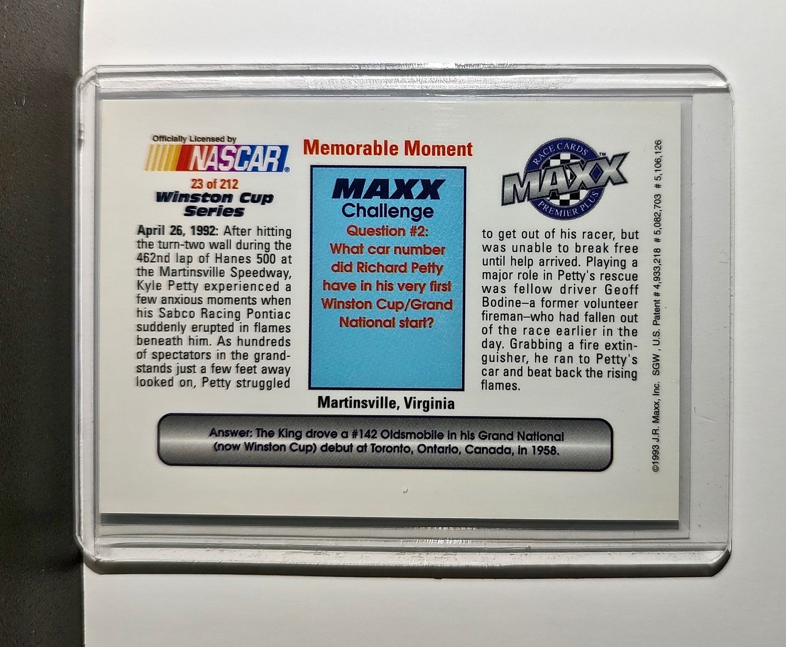 Memorable Moment 1993 Maxx Premier Plus Racing #23 NASCAR Card SABCO Racing