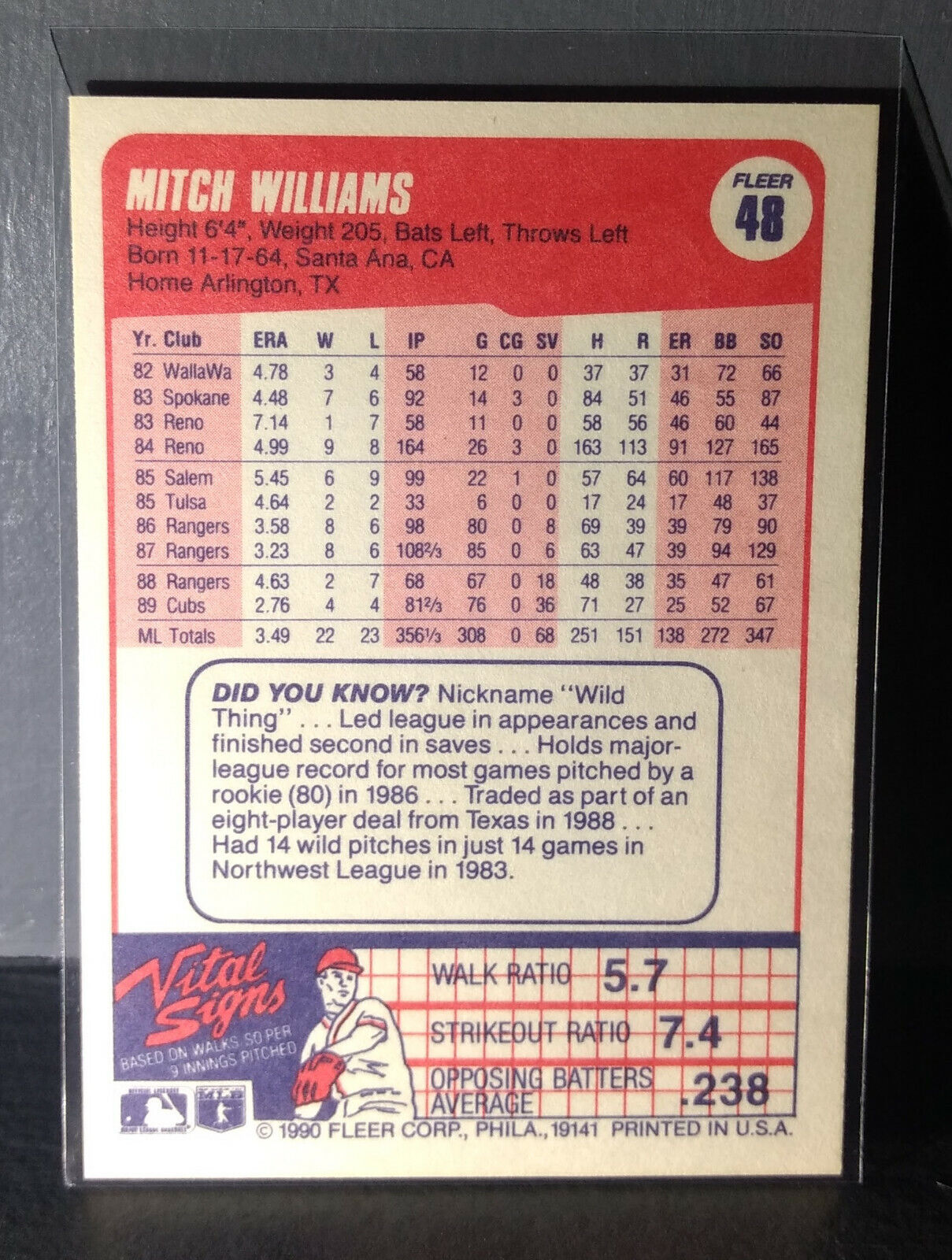 1990 Mitch Williams Fleer Baseball Card #48
