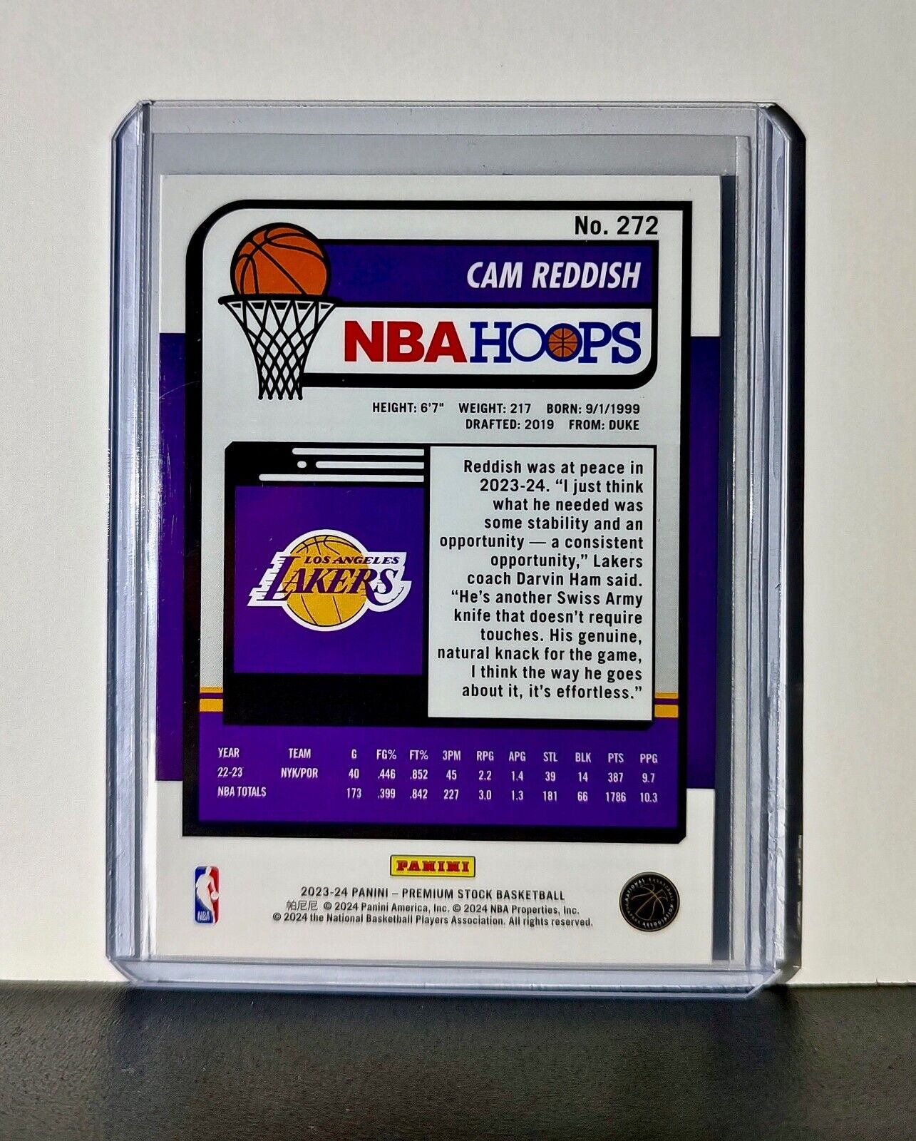 Cam Reddish 2023-24 Panini Premium Stock NBA Hoops #272 Card Los Angeles Lakers