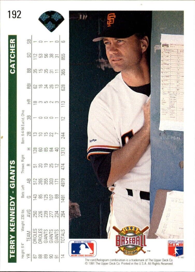 Terry Kennedy 1992 Upper Deck MLB #192 Baseball Card San Francisco Giants