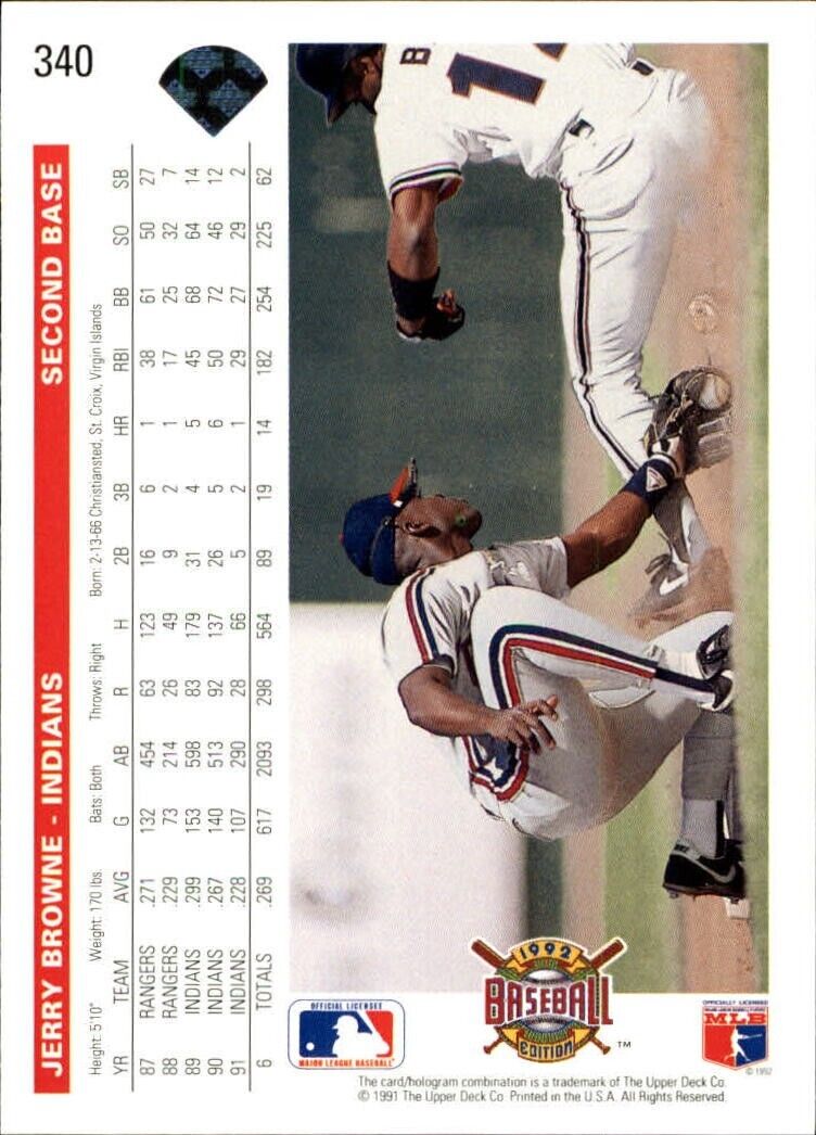Jerry Browne 1992 Upper Deck MLB #340 Baseball Card Cleveland Indians