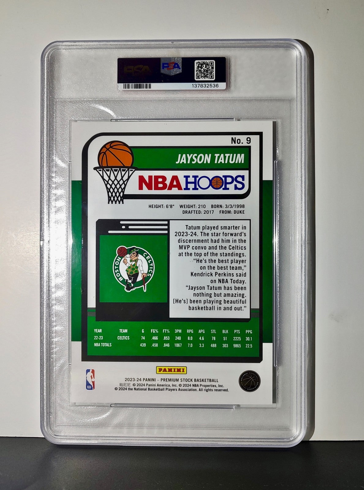 Jayson Tatum 2023 Panini Premium Stock NBA Hoops #9 Jumbo PSA 9 Mint