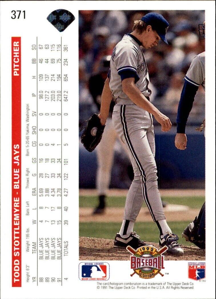 Todd Stottlemyre 1992 Upper Deck MLB #371 Baseball Card Toronto Blue Jays