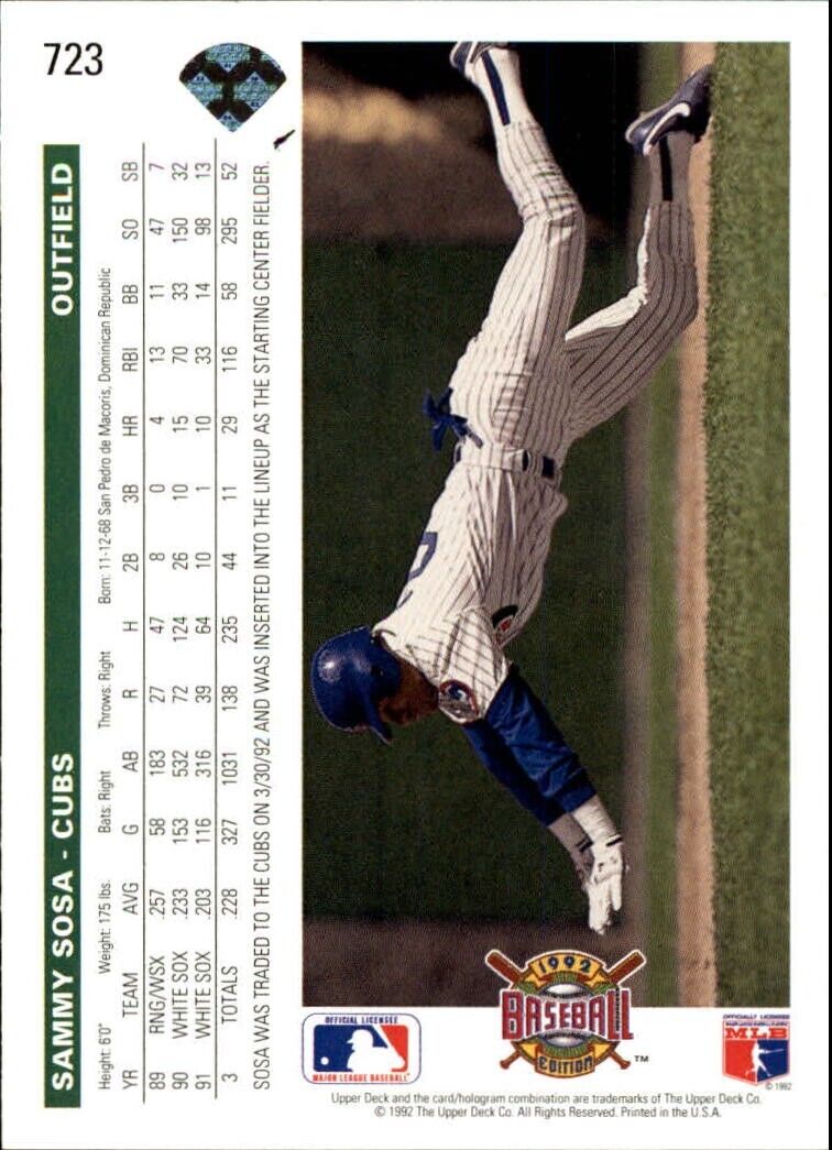 Sammy Sosa Cubs 1992 Upper Deck MLB #723 Baseball Card Chicago Cubs