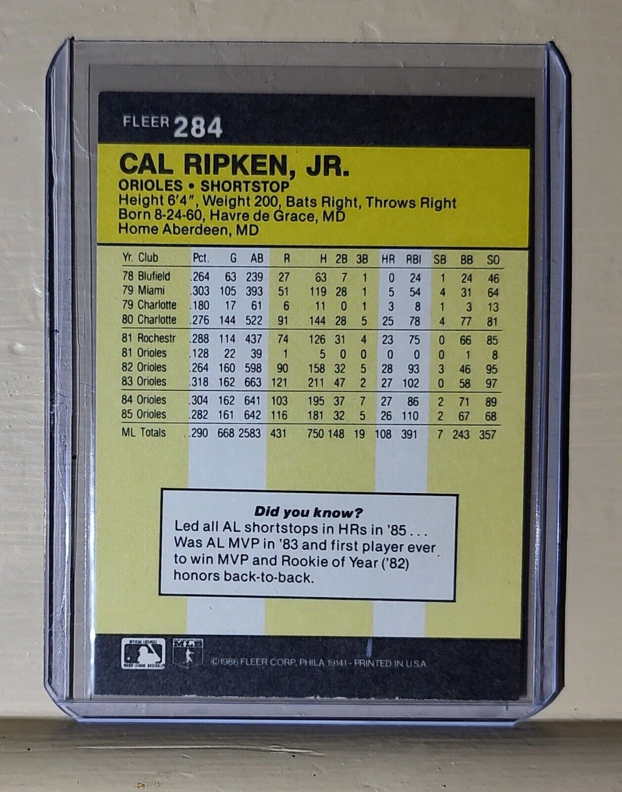 1986 Cal Ripken Jr Fleer #284 MLB Baseball Card Baltimore Orioles