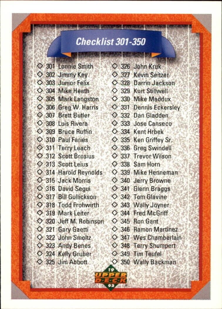 Checklist 301-400 1992 Upper Deck MLB #400 Baseball Card