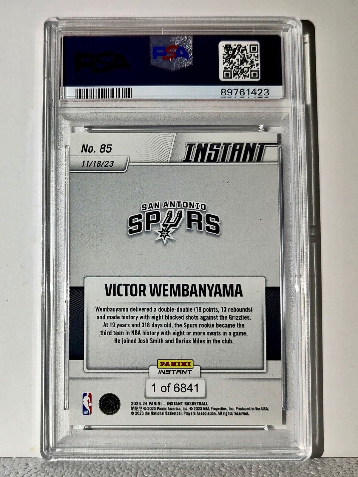 Victor Wembanyama 2023-24 Panini #85 NBA Rookie Card 1 of 6841 PSA 8 Near-Mint