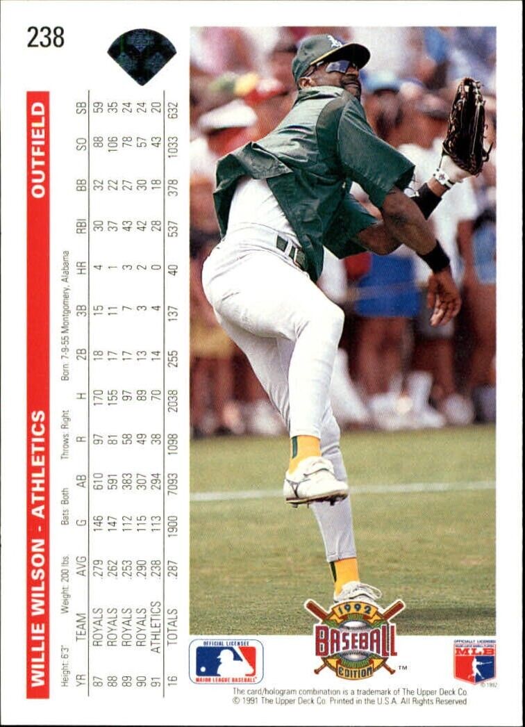 Willie Wilson 1992 Upper Deck MLB #238 Baseball Card Oakland Athletics