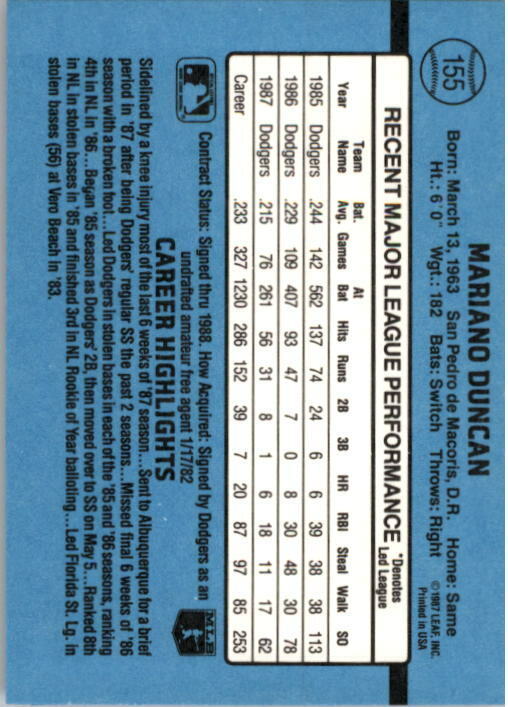 1988 Mariano Duncan Donruss Baseball Card #155