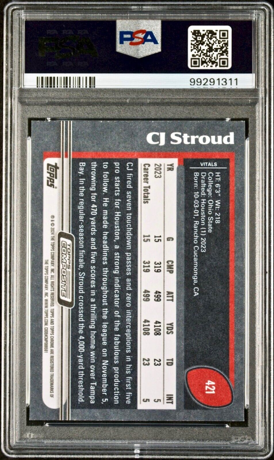 CJ Stroud 2023 Topps Rookie NFL #421 Football Card PSA 9 Mint