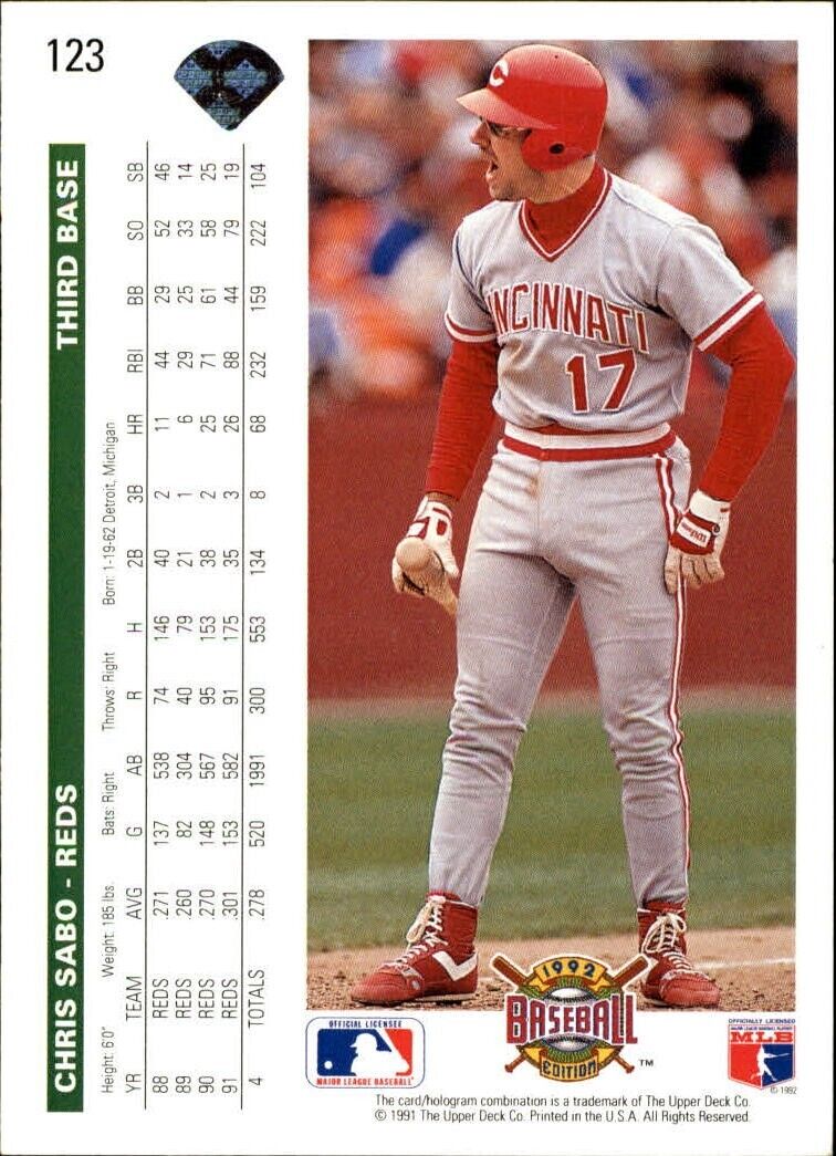 Chris Sabo 1992 Upper Deck MLB #123 Baseball Card Cincinnati Reds