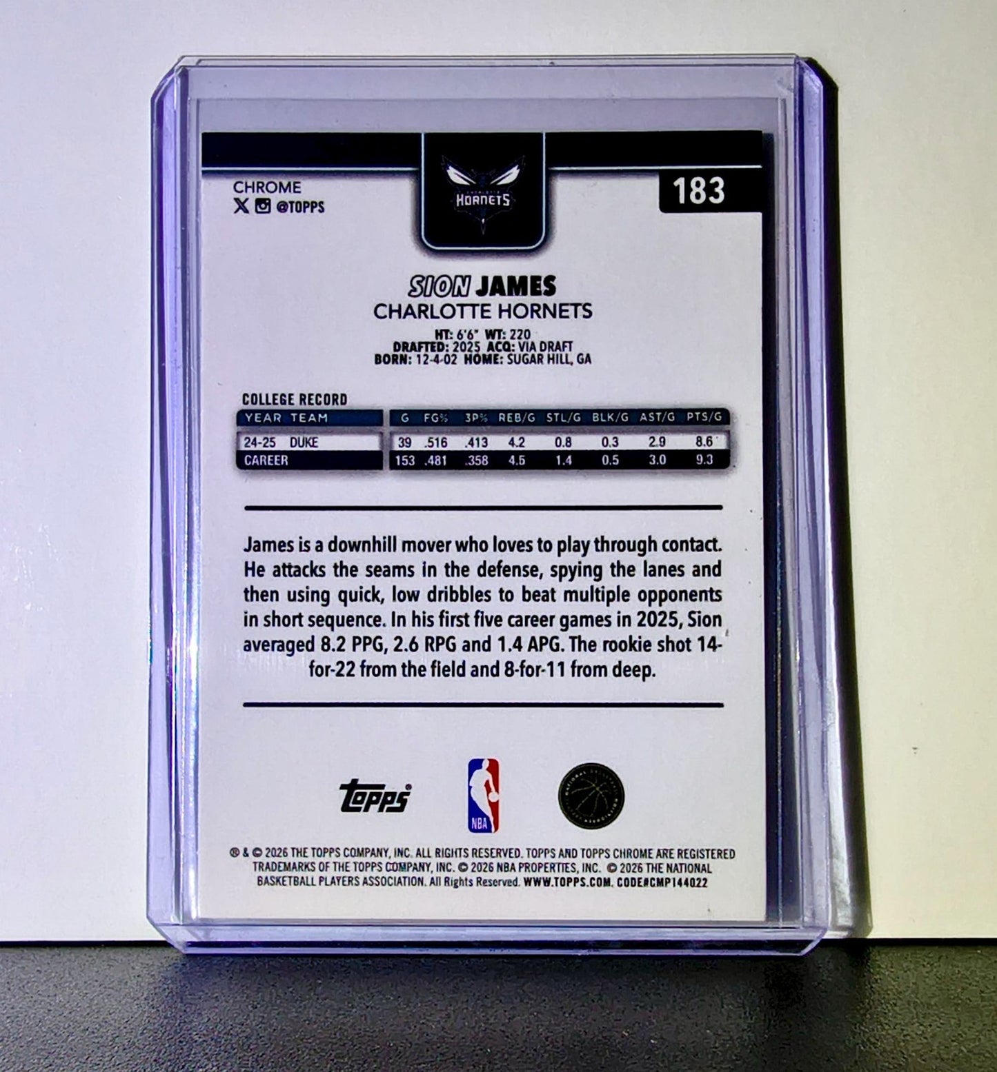 Sion James Rookie 2025-26 NBA Topps Chrome Update #183 Card Charlotte Hornets