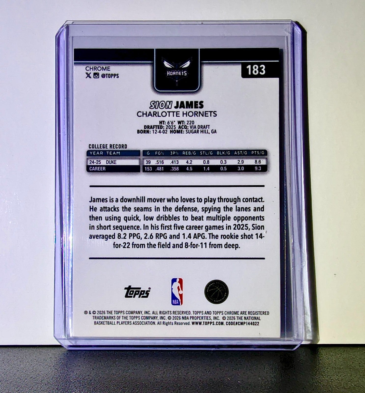Sion James Rookie 2025-26 NBA Topps Chrome Update #183 Card Charlotte Hornets