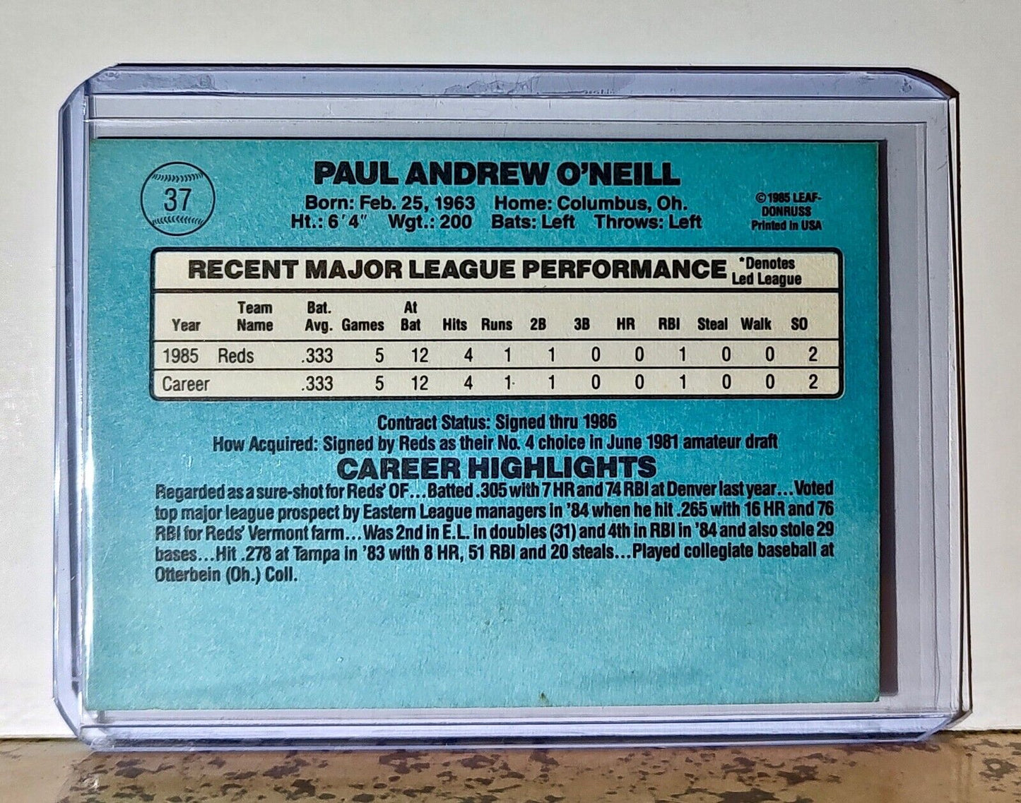 Paul O'Neill 1986 Donruss Rated Rookie MLB #37 Baseball Card Cincinnati Reds