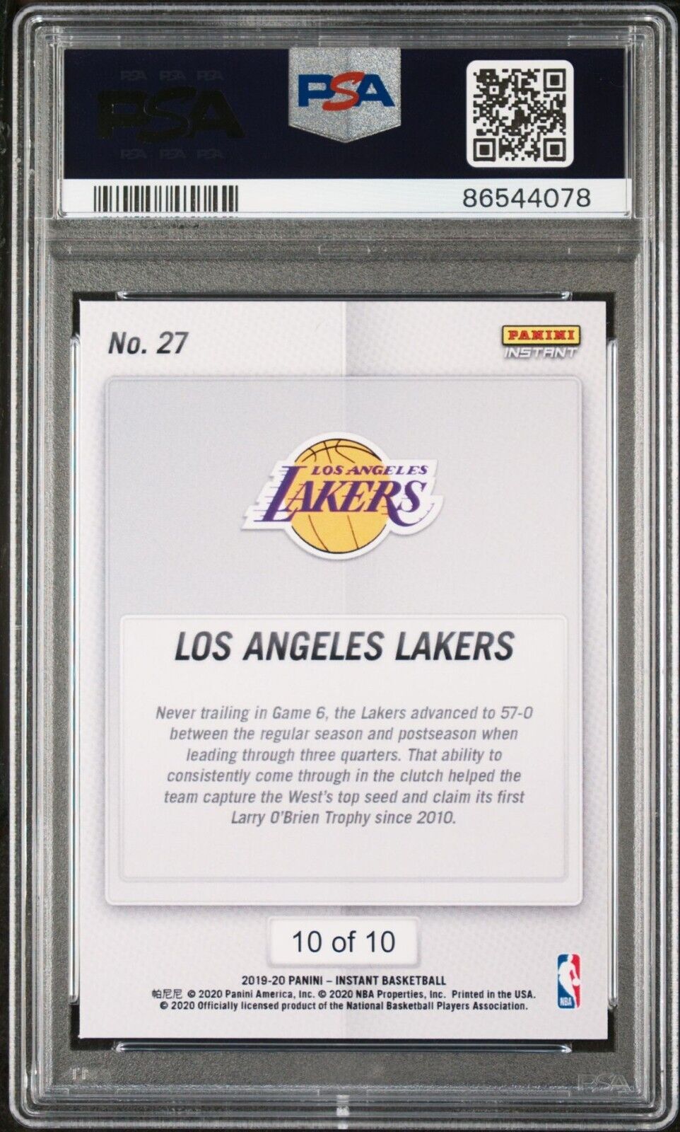 LeBron James & Anthony Davis 2020 Panini NBA Champions #27 Card 10/10 PSA 9 Mint