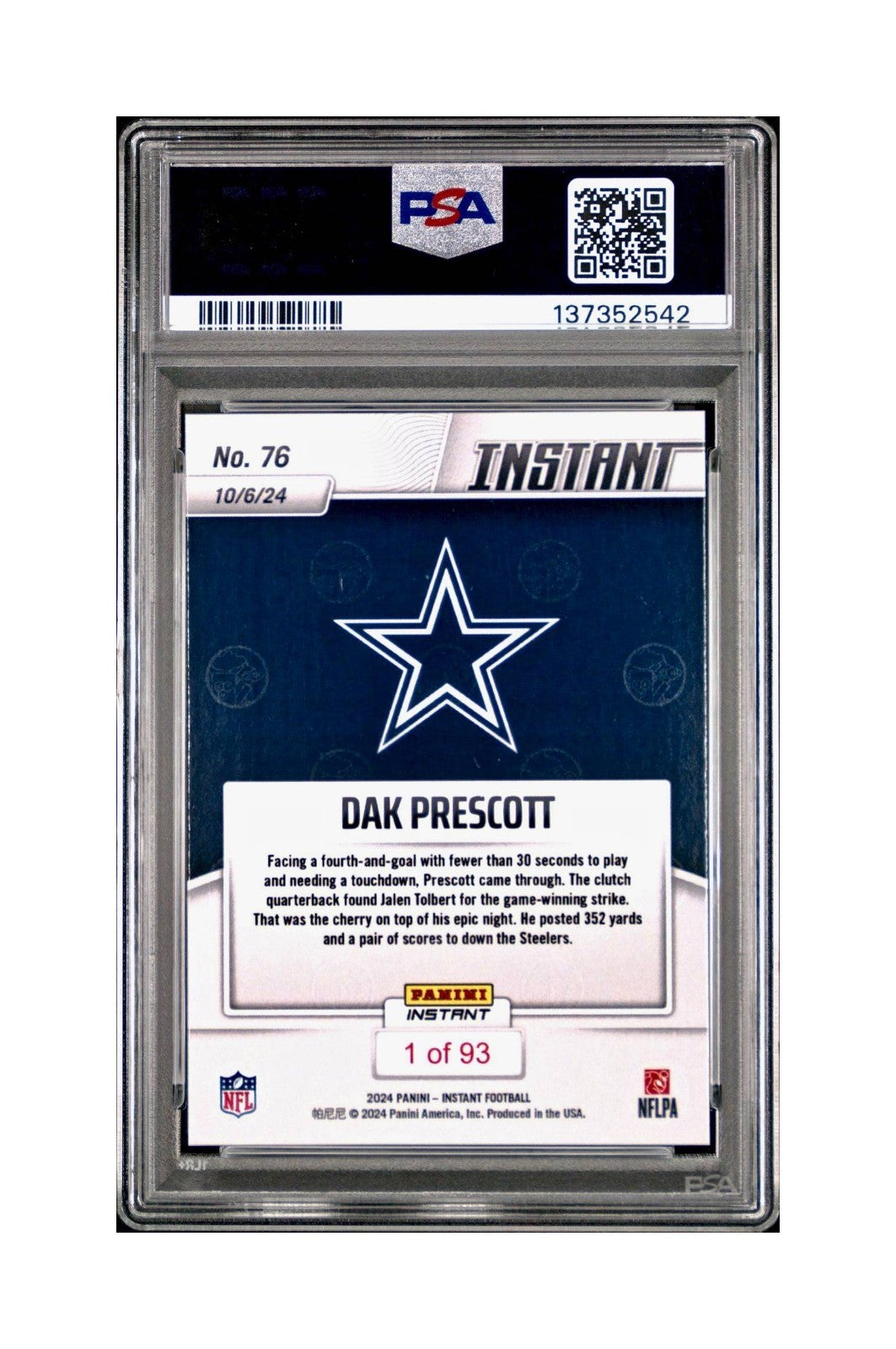 Dak Prescott Rookie 2024 Panini Instant NFL #76 PSA 10 Gem Mint