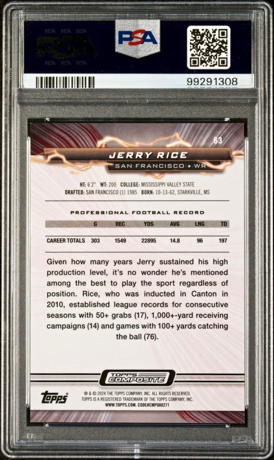 Jerry Rice 2023 Topps Resurgence NFL #63 Yellow Surge 103/200 Card PSA 10 Gem