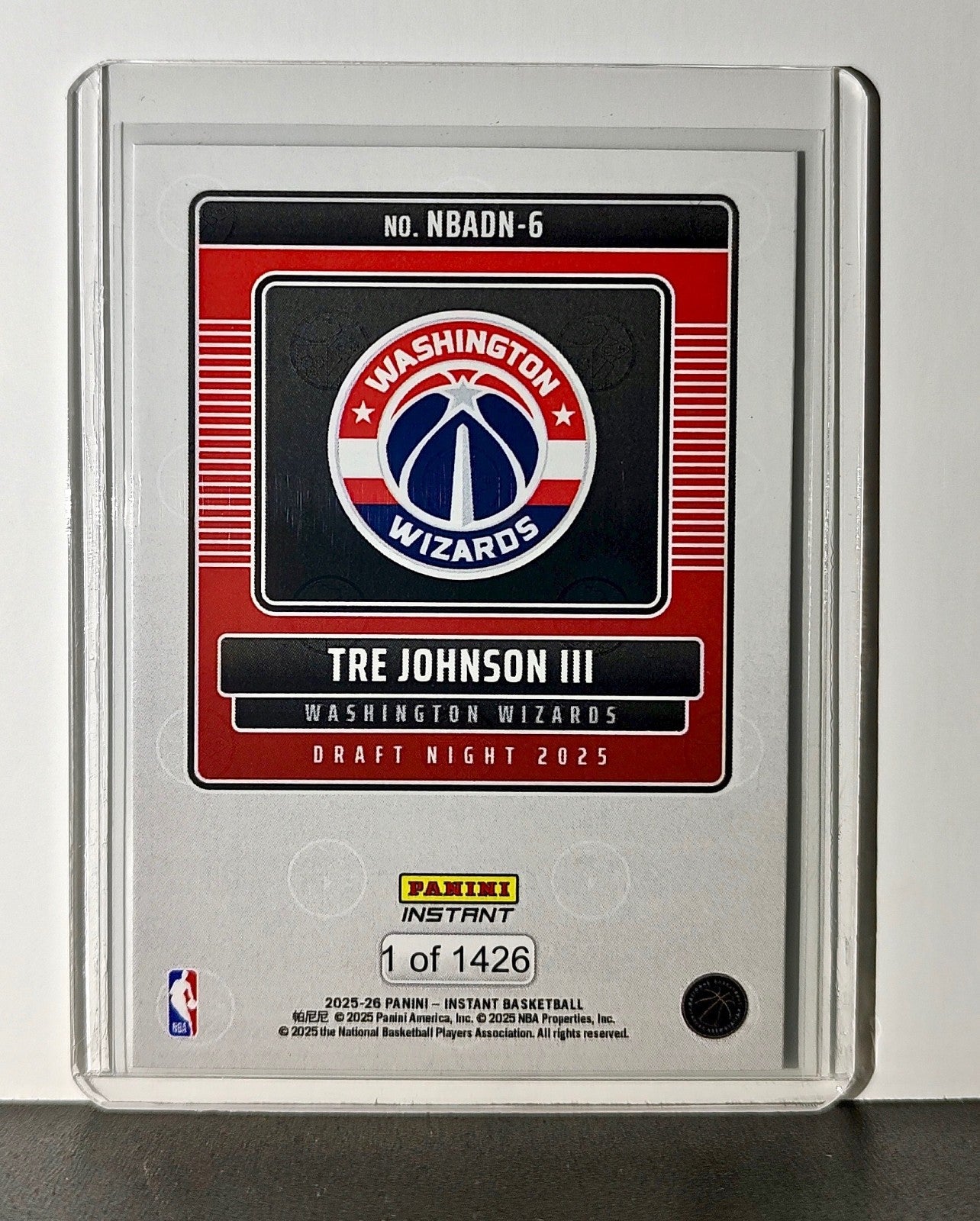 Tre Johnson III Rookie 2025-26 Panini NBA #6 Draft Night Card Washington Wizards