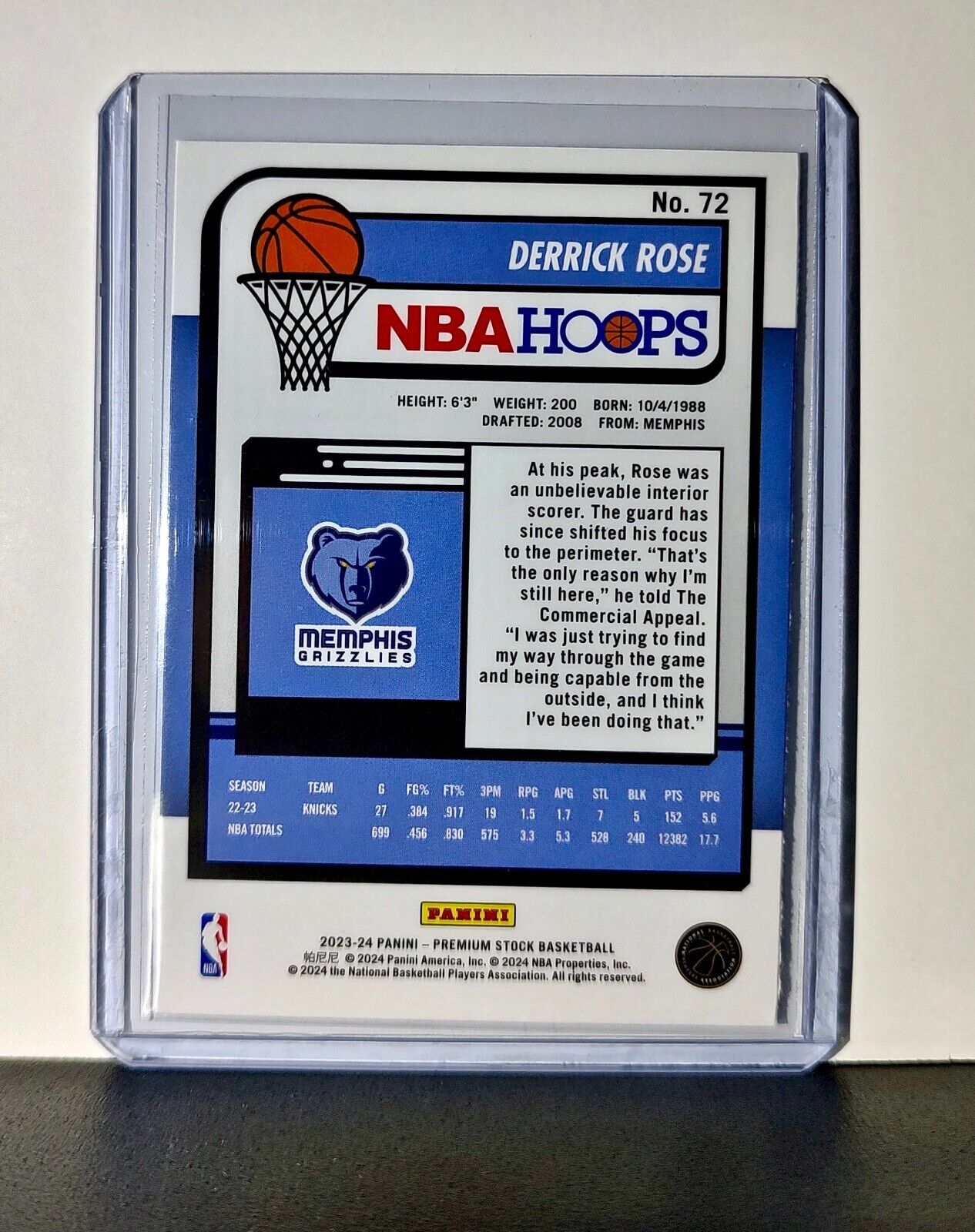 Derrick Rose 2023-24 Panini Premium Stock NBA Hoops #72 Card Memphis Grizzlies