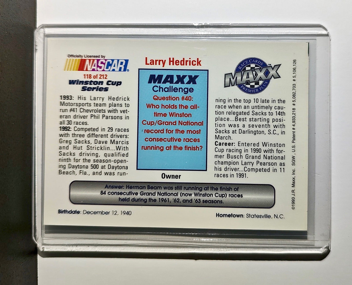 Larry Hedrick 1993 Maxx Premier Plus Racing #118 NASCAR Card Larry Hedrick