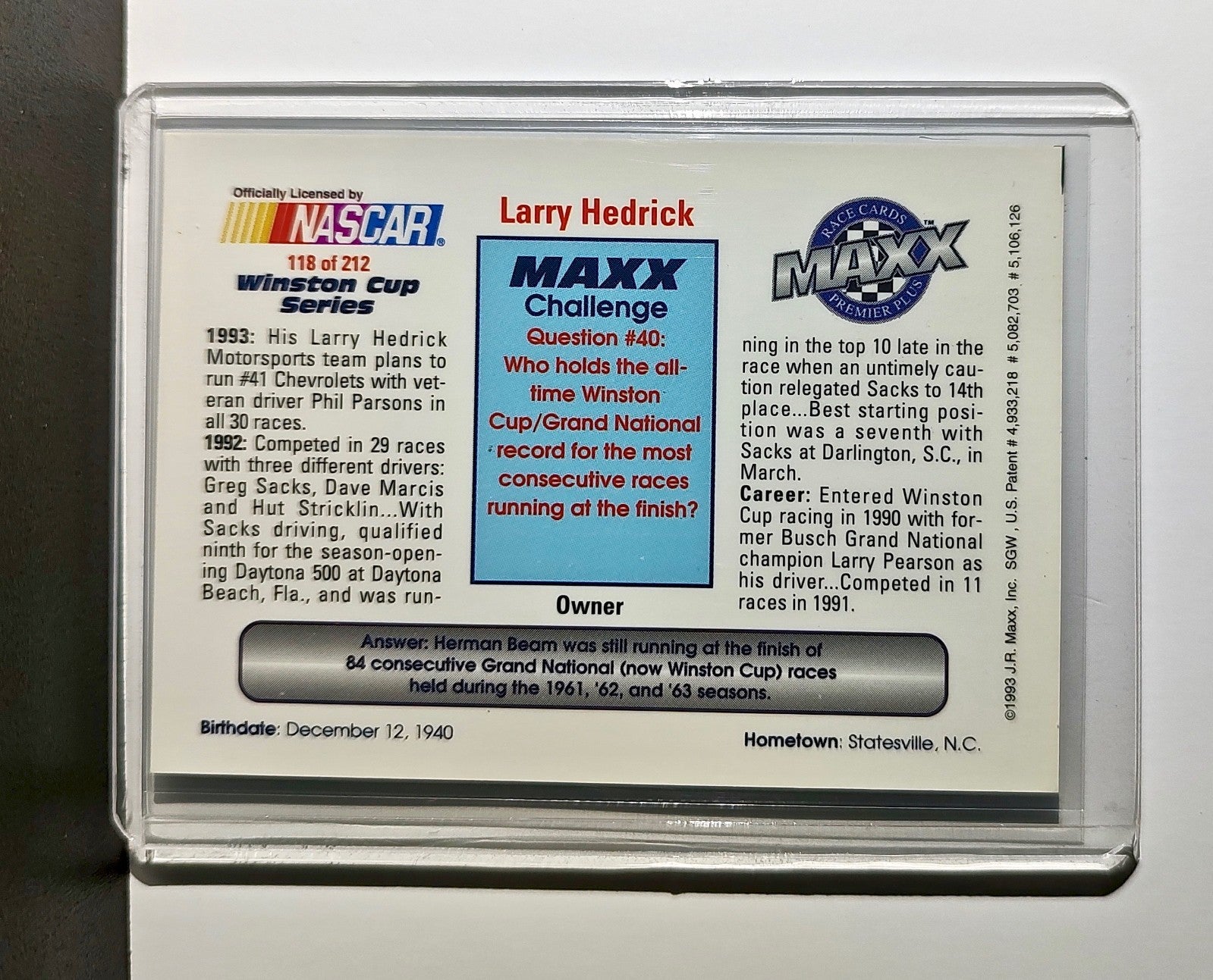 Larry Hedrick 1993 Maxx Premier Plus Racing #118 NASCAR Card Larry Hedrick