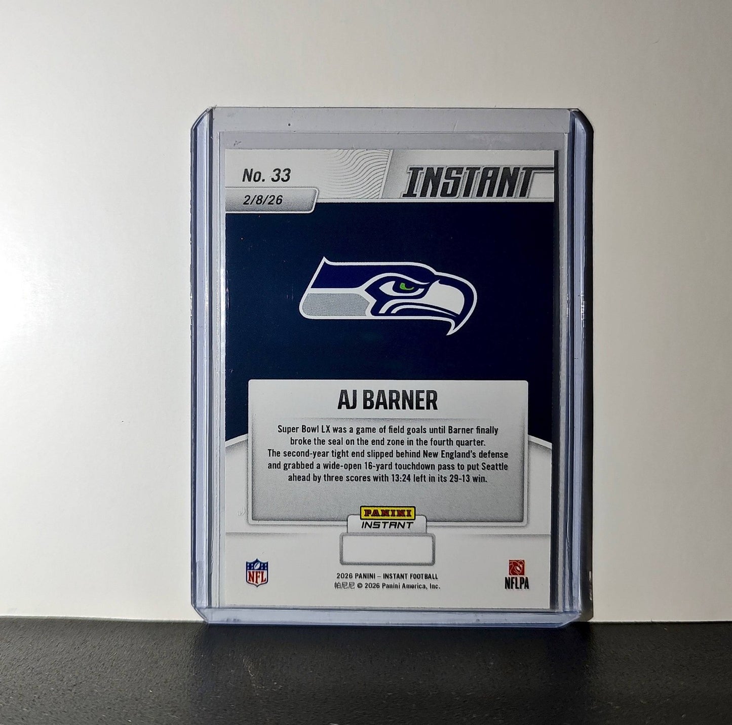 AJ Barner 2026 Panini NFL Super Bowl LIX Champions #33 Card Seattle Seahawks