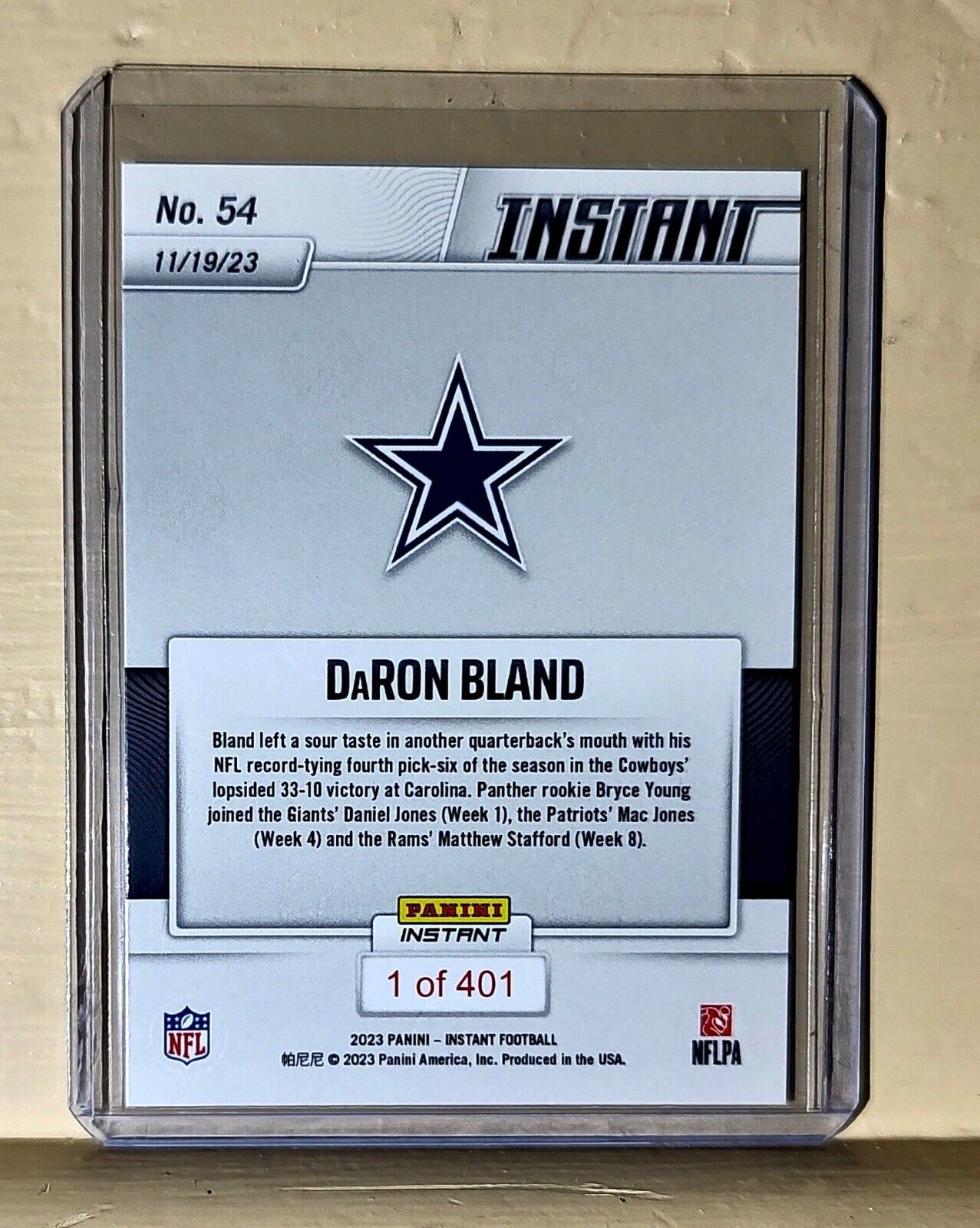 Daron Bland 2023 Panini NFL Football 54 Card 1 of 401 Cowboys Ties Pick-6 Record