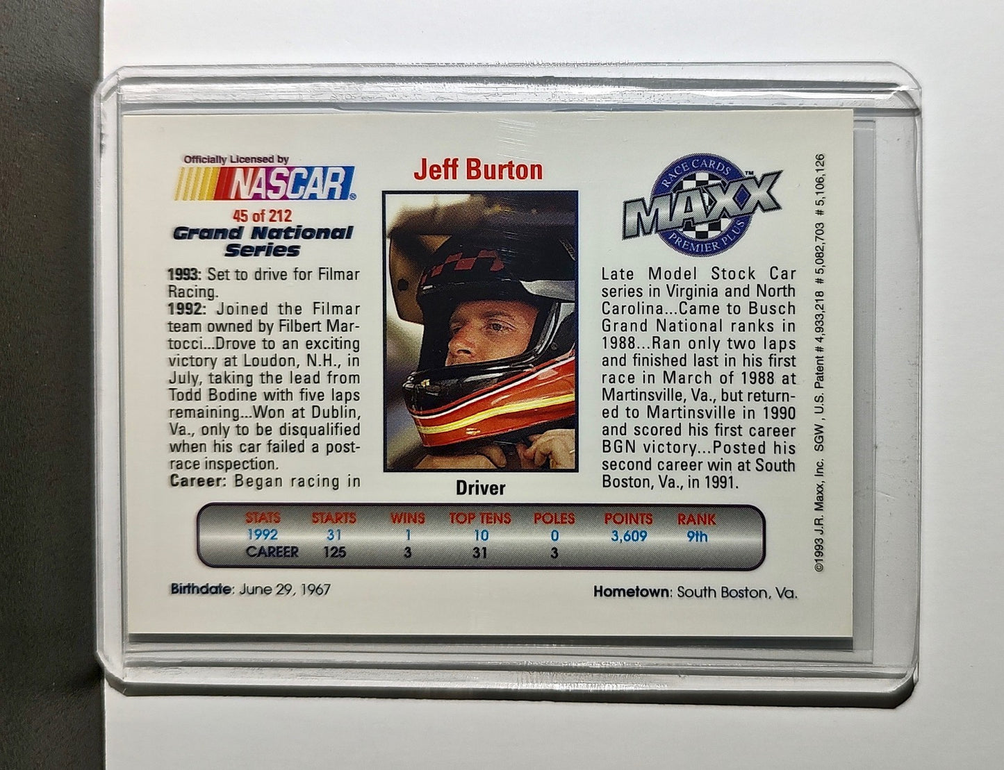 Jeff Burton 1993 Maxx Premier Plus Racing #45 NASCAR Card FILMAR Racing