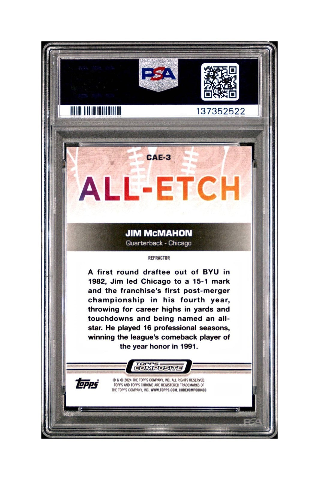 Jim McMahon 2023 Topps Chrome ALL-ETCH Refractor #CAE-3 PSA 10 Gem Mint