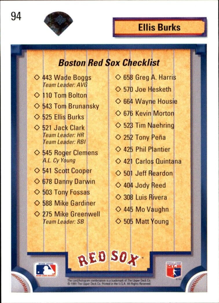 Ellis Burks 1992 Upper Deck MLB #94 Team Checklist Baseball Card Boston Red Sox