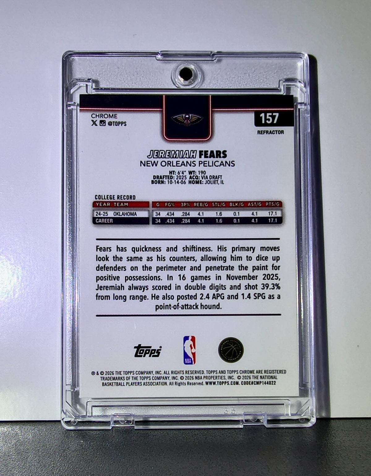 Jeremiah Fears Rookie 2025 NBA Topps Chrome Update #157 Refractor Card Pelicans