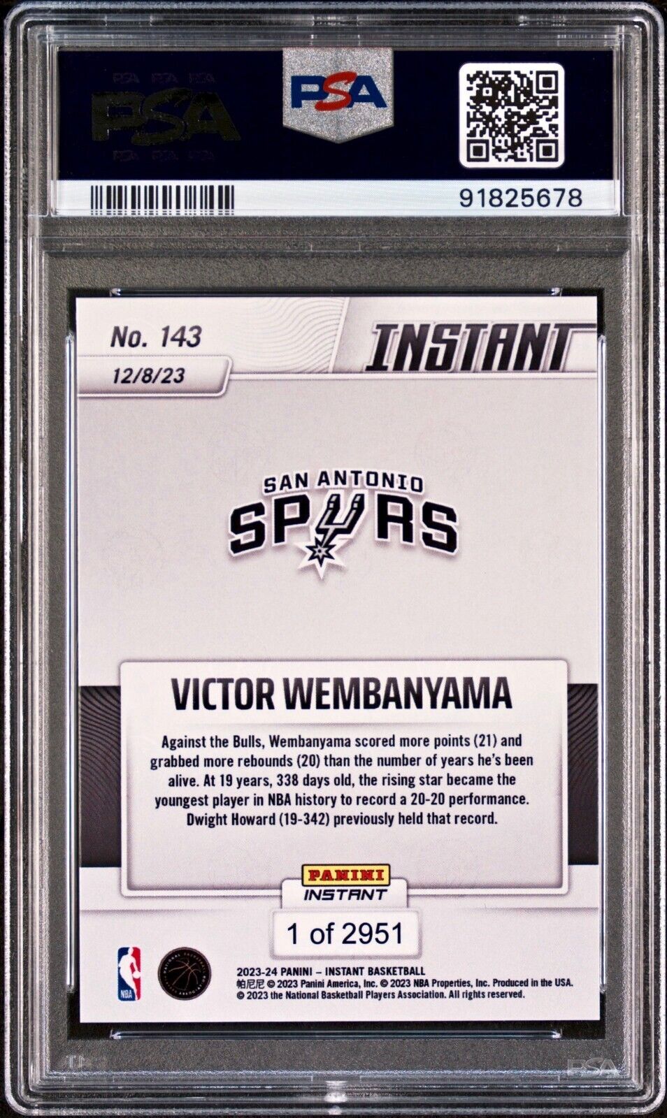 Victor Wembanyama 2023-24 Panini #143 NBA Rookie Basketball Card 1 of 2951 PSA 9