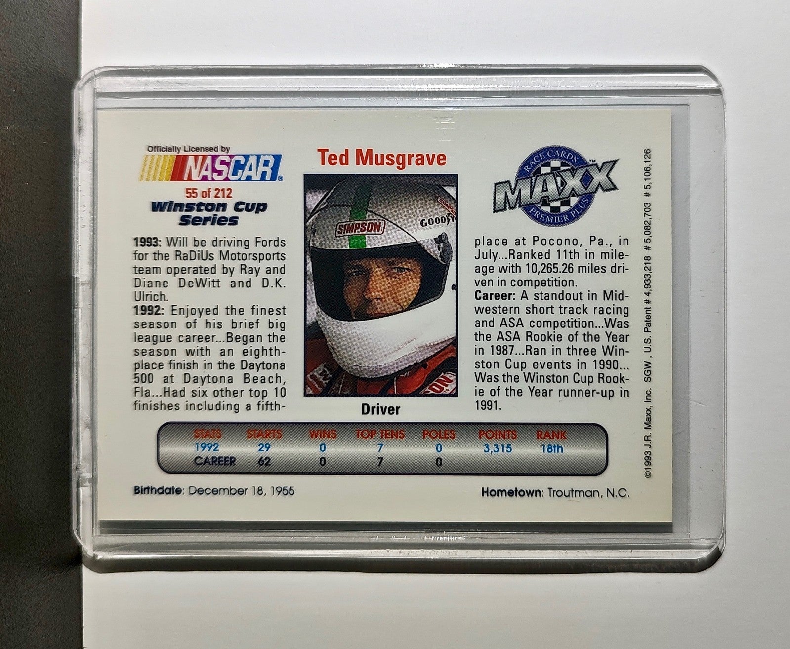 Ted Musgrave 1993 Maxx Premier Plus Racing #55 NASCAR Card RaDiUs Motorsports