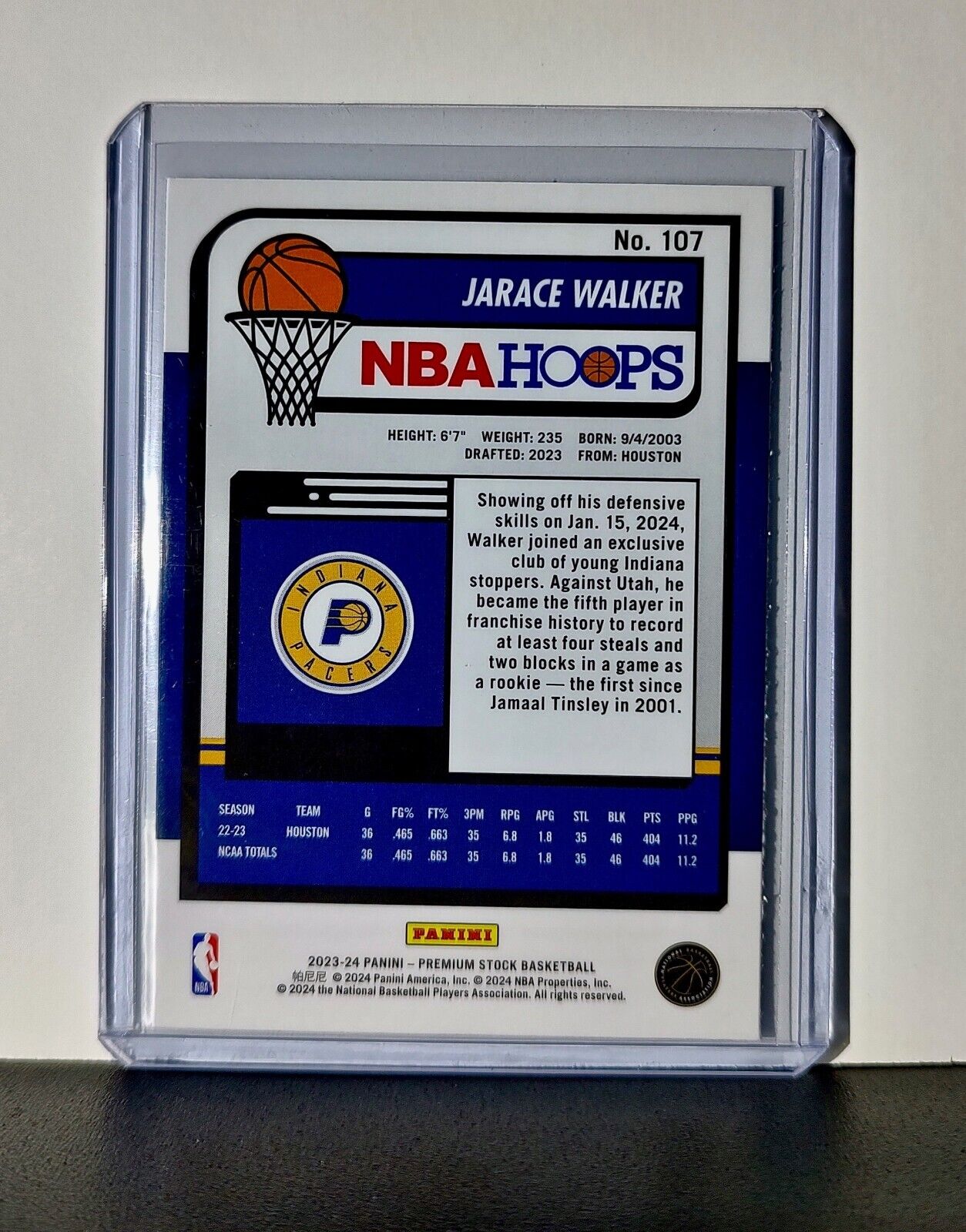 Jarace Walker 2023-24 Panini Premium Stock NBA Hoops #107 Rookie Card Pacers