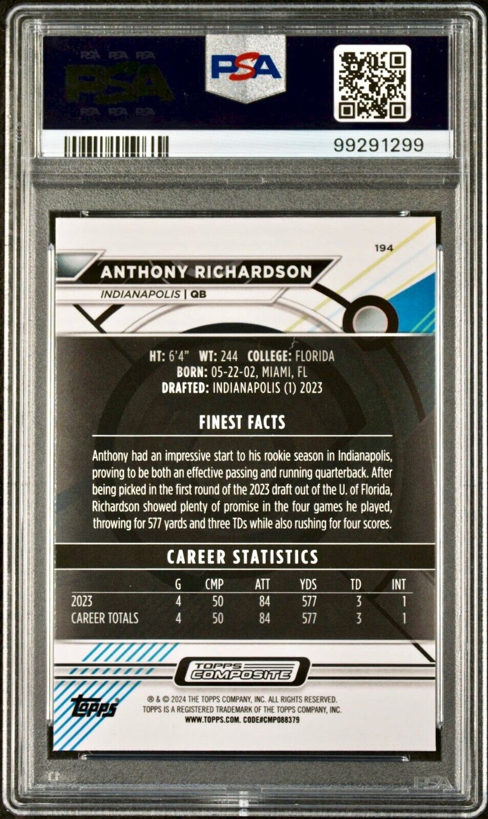 Anthony Richardson 2023 Topps Finest NFL #194 Rookie Football Card PSA 9 Mint