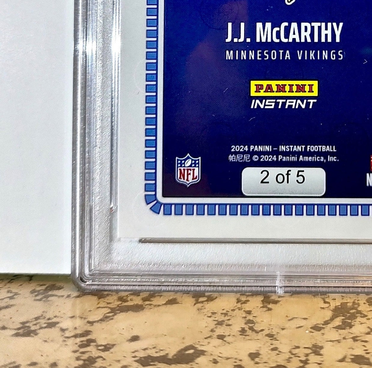 JJ McCarthy Rookie 2024 Panini NFL Draft Night Blue Football Card 2/5 SSP PSA 9