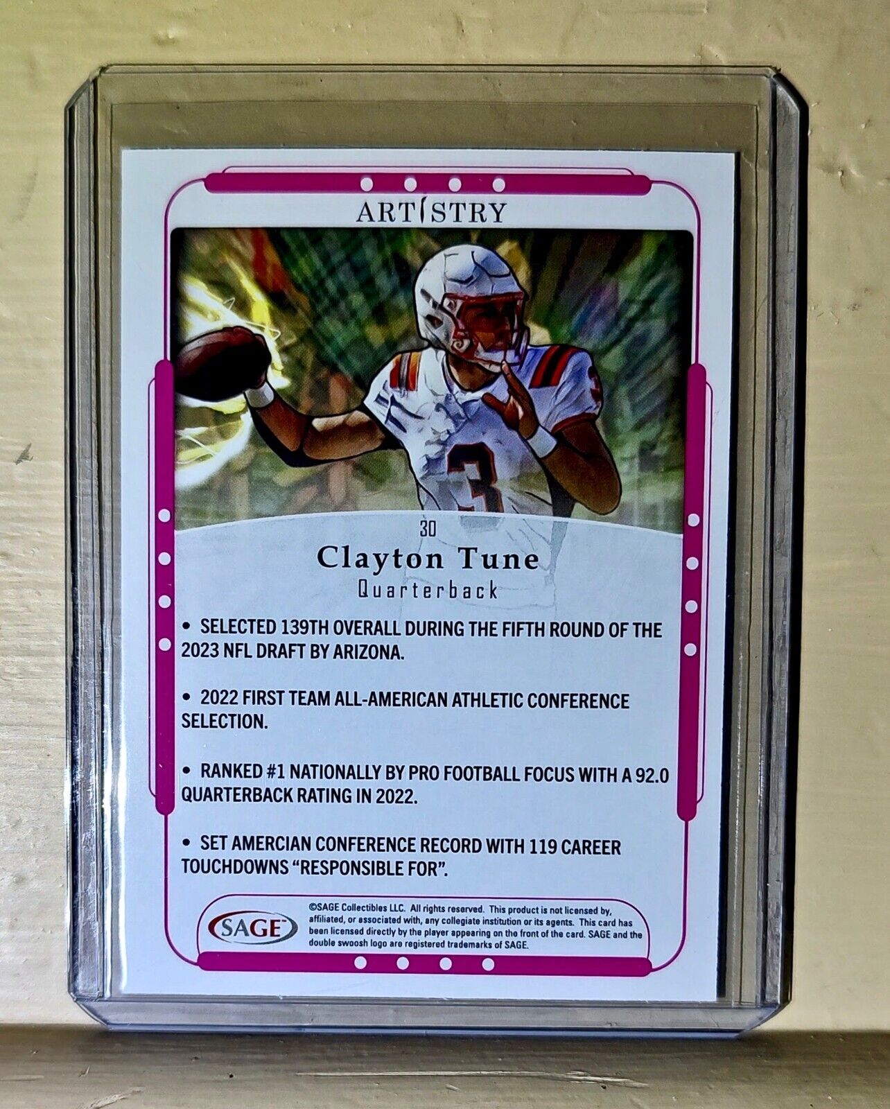 Clayton Tune 2023 SAGE NFL Artistry Football #30 Card