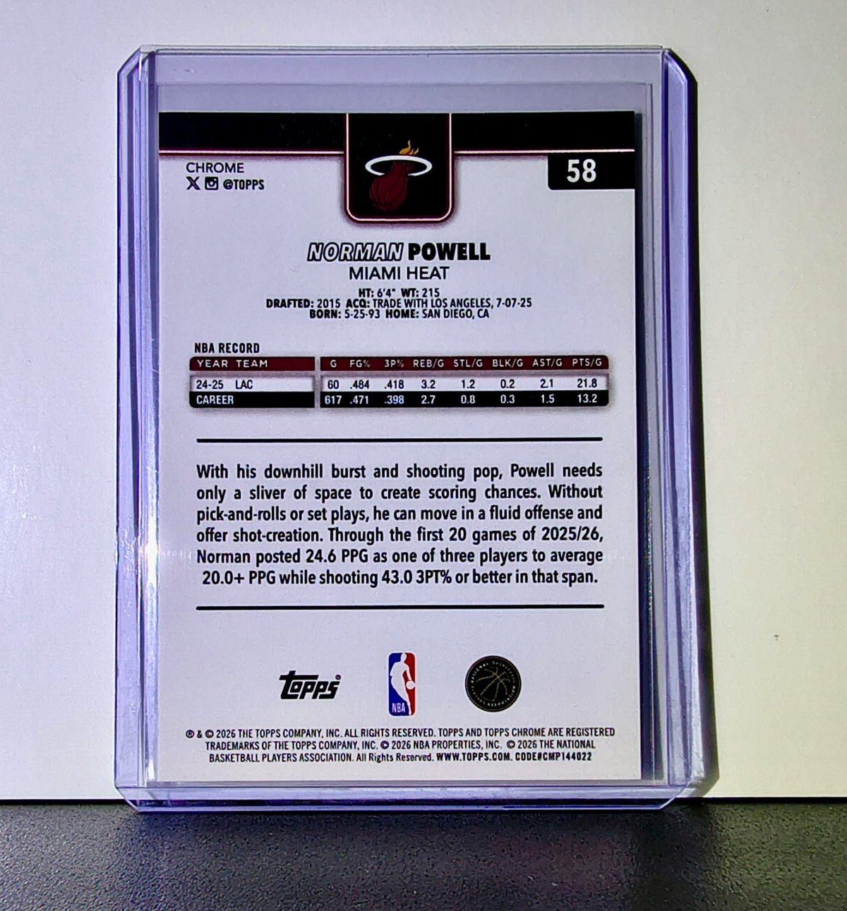 Norman Powell 2025-26 NBA Topps Chrome Update #58 Basketball Card Miami Heat
