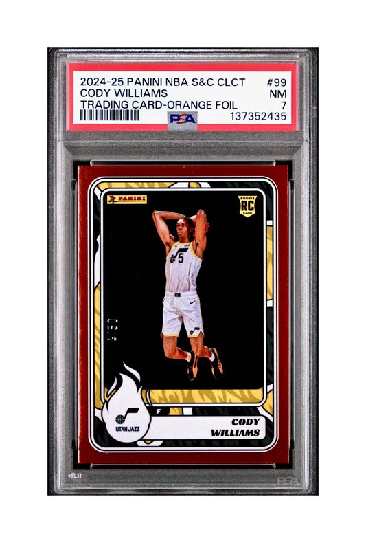 Cody Williams Rookie 2024-25 Panini NBA #99 Sticker 4/50 Orange Foil PSA 7 NM