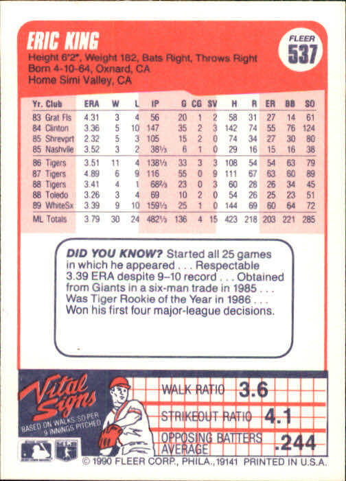 1990 Eric King Fleer Baseball Card #537