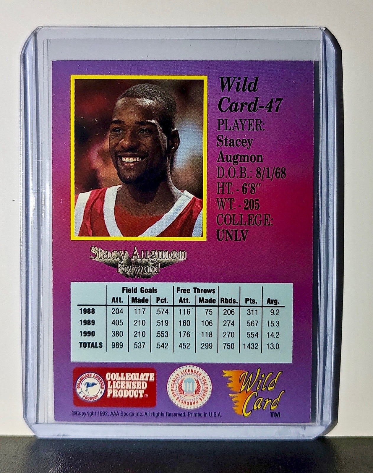 Stacy Augmon 1992 Wild Card NCAA #47 Card UNLV Runnin' Rebels